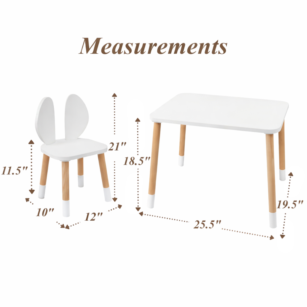 Wooden Kids Table and Bunny Chair Set | Montessori Playroom Furniture | Perfect for Ages 3+ |White Color