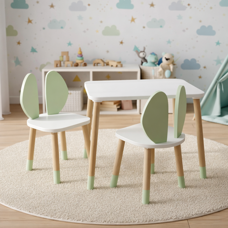 Wooden Kids Table and Bunny Chair Set | Montessori Playroom Furniture | Perfect for Ages 3+ | Light Green Color