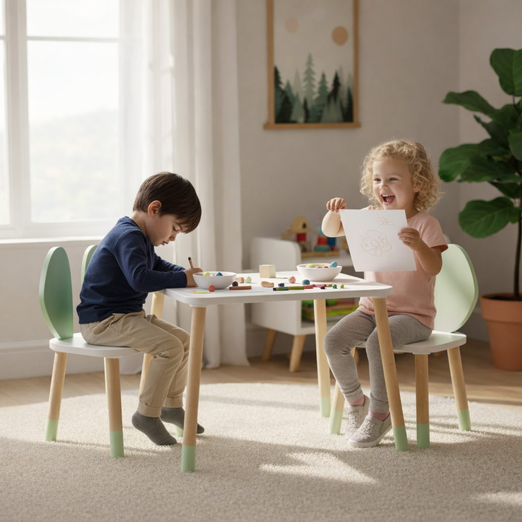 Wooden Kids Table and Bunny Chair Set | Montessori Playroom Furniture | Perfect for Ages 3+ | Light Green Color