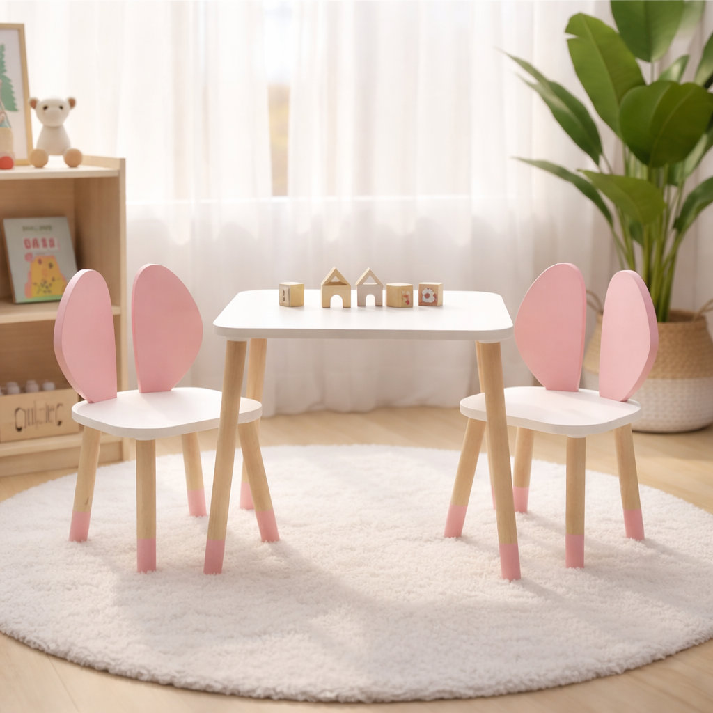 Wooden Kids Table and Bunny Chair Set | Montessori Playroom Furniture | Perfect for Ages 2-6 | Pink Color