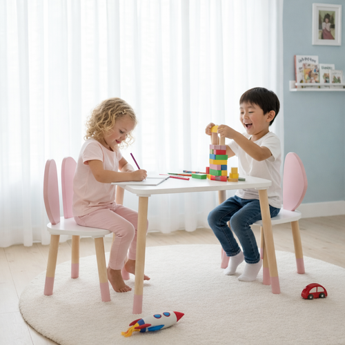 Wooden Kids Table and Bunny Chair Set | Montessori Playroom Furniture | Perfect for Ages 2-6 | Pink Color