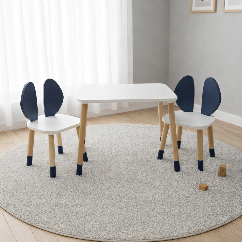 Wooden Kids Table and Bunny Chair Set | Montessori Playroom Furniture | Perfect for Ages 3+ | Navy Color