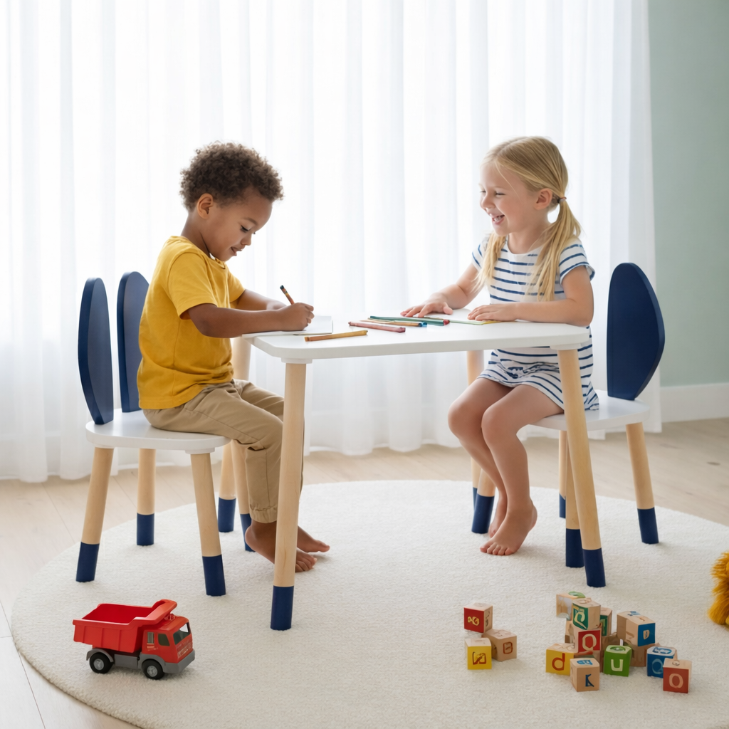 Wooden Kids Table and Bunny Chair Set | Montessori Playroom Furniture | Perfect for Ages 3+ | Navy Color