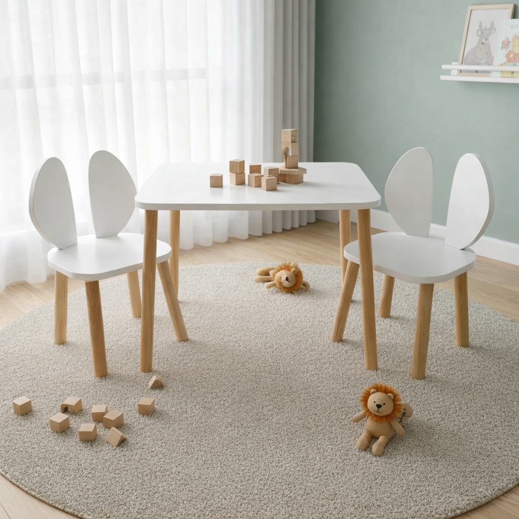 Wooden Kids Table and Bunny Chair Set | Montessori Playroom Furniture | Perfect for Ages 2-6 |White Color