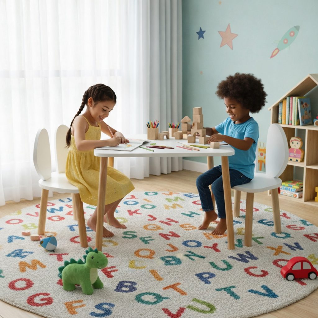 Wooden Kids Table and Bunny Chair Set | Montessori Playroom Furniture | Perfect for Ages 2-6 |White Color